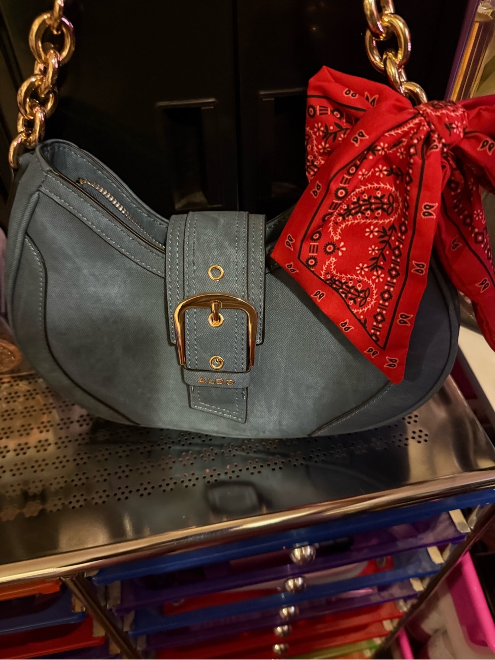 Aldo Slate Blue Crescent Shoulder Bag with Gold Hardware and Red Bandana